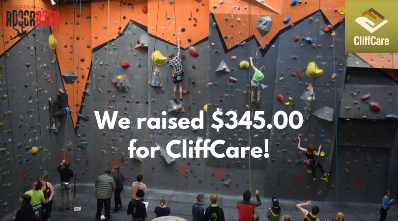 A wide shot photo of the Mitchell gym during the competition, with four climbers visible on the wall and a large crowd observing. Image text reads: "We raised $345.00 for CliffCare!"