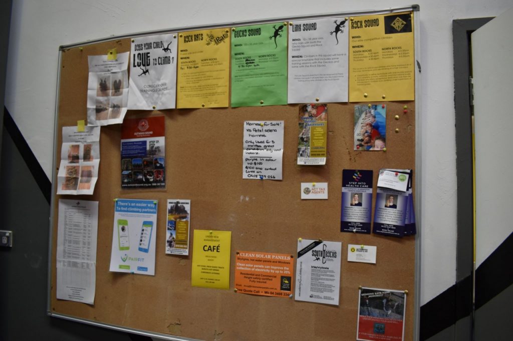 A peg board mounted on the wall full of colourful flyers from local businesses and climbers.