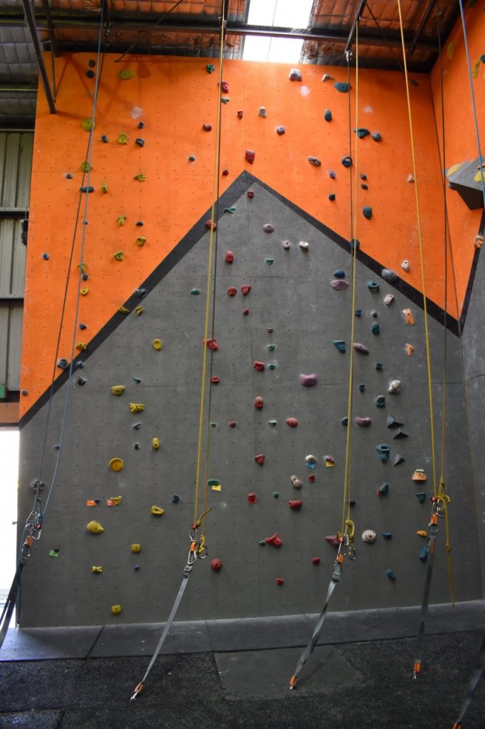 When walking into the gym, this is the climbing wall directly to the left. These flat, feature-less walls are a great place for beginners to start.