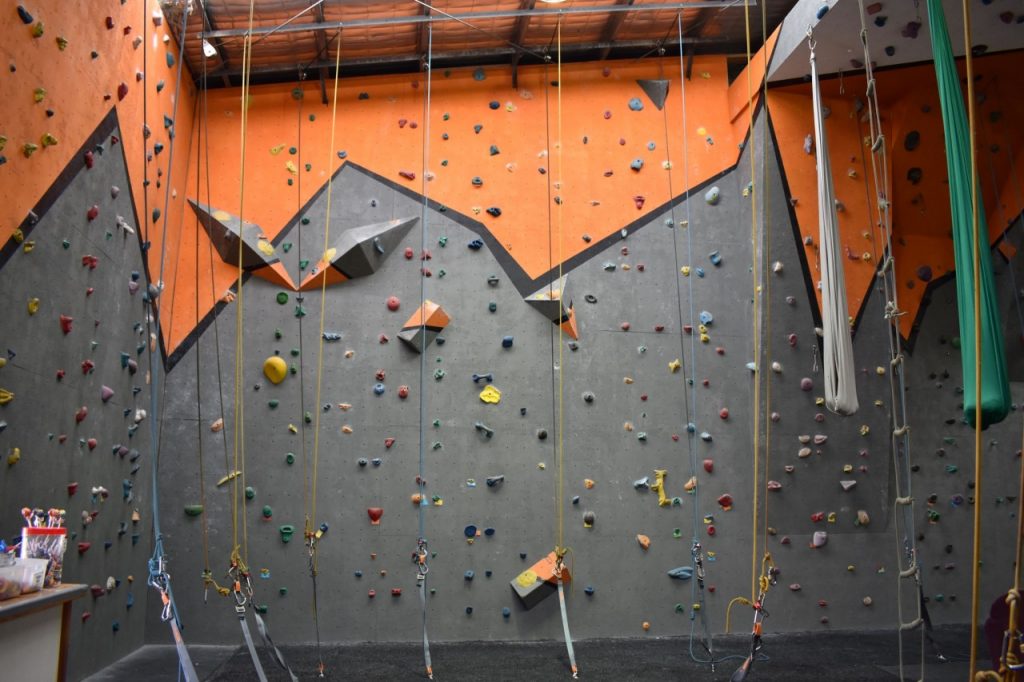 The next section of walls after our beginners wall. In addition to holds, we also affix features to the walls, which are changed regularly to switch things up for our regular climbers.