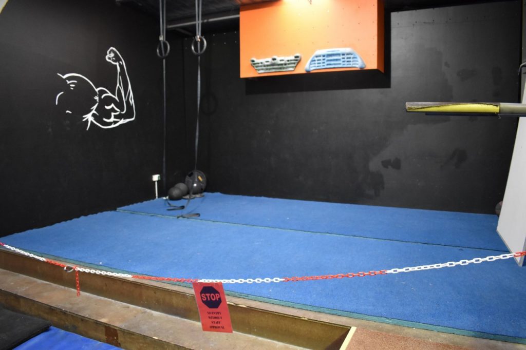 The upstairs training area is on an elevated platform with one step up, the floor covered in a thin blue mat. A chain is strung across with a red sign that says, "Stop, no entry without staff approval." A white outline of a person's flexed, muscular arm is painted on the black wall. Rings hang from the ceiling by straps, and hangboards are affixed to the wall. There is a whiteboard, and a pile of medicine balls and weights in the corner.