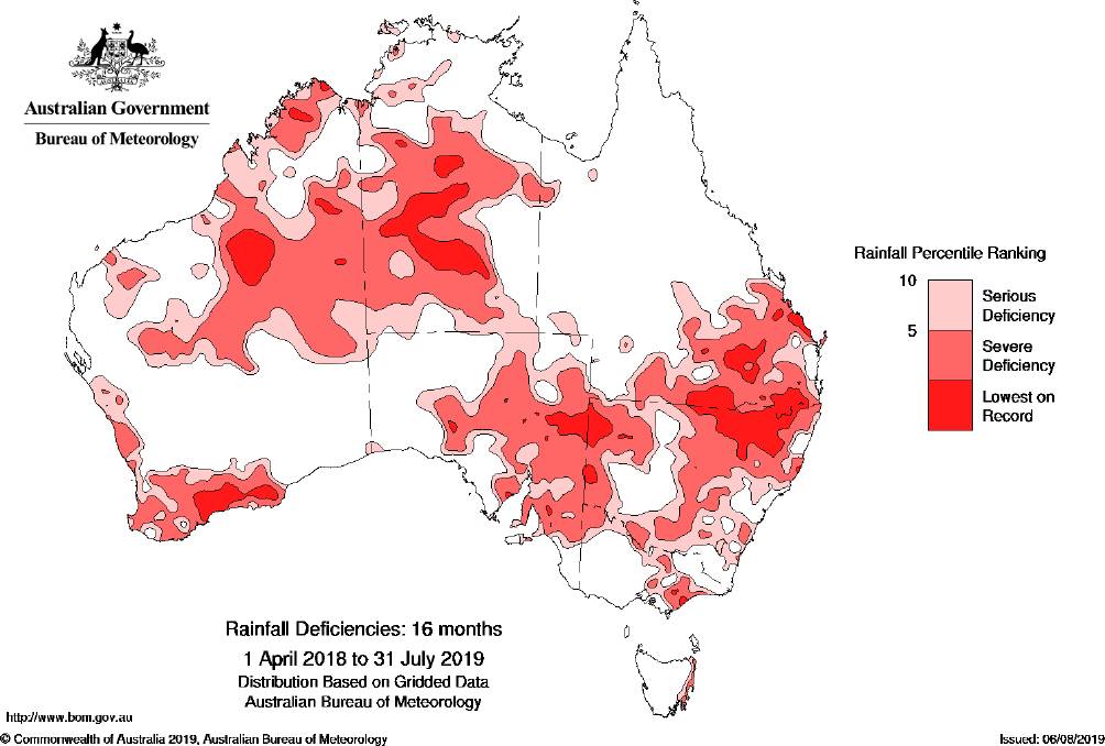 A map showing the level of rainfall deficiency in different areas of Australia.